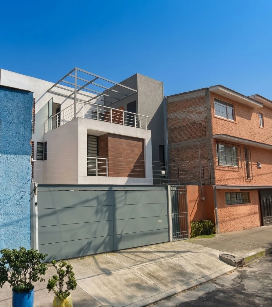 Fachada de casa de tres niveles con pérgola, barandal y portón gris